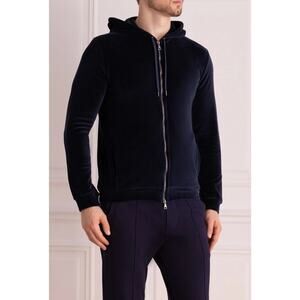 DEREK ROSE Hoodie Sweatshirt XL Velour Velvet Navy Zip Pockets Long-Sleeve